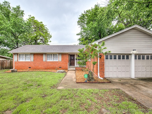 ranch-style house featuring crawl space, driveway, a garage, brick siding, and a front lawn