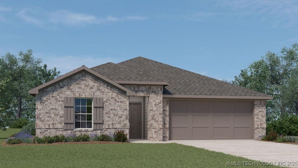 view of front of home with a front lawn, roof with shingles, brick siding, concrete driveway, and an attached garage