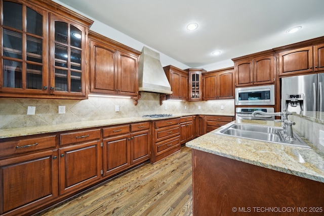 kitchen with appliances with stainless steel finishes, premium range hood, a sink, wood finished floors, and glass insert cabinets