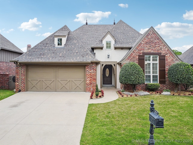 french country inspired facade with a shingled roof, a garage, driveway, and a front yard