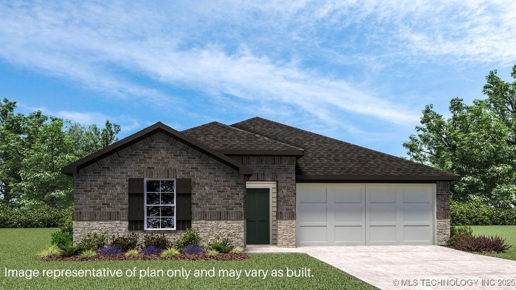 view of front of house featuring a front lawn, roof with shingles, brick siding, concrete driveway, and an attached garage