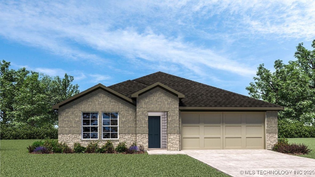 ranch-style house with a garage, a front yard, stone siding, roof with shingles, and concrete driveway
