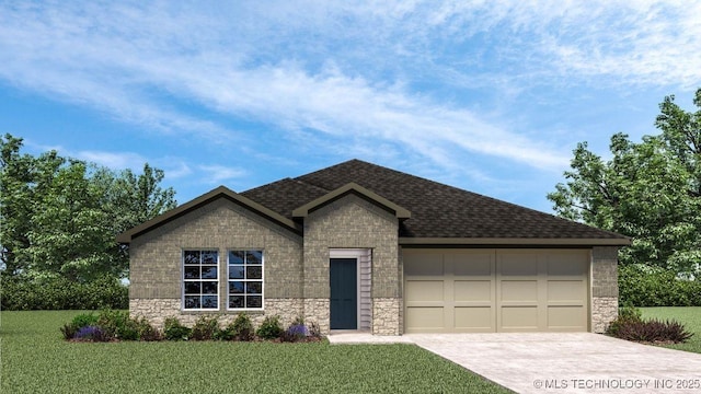 ranch-style house with a garage, a front yard, stone siding, roof with shingles, and concrete driveway