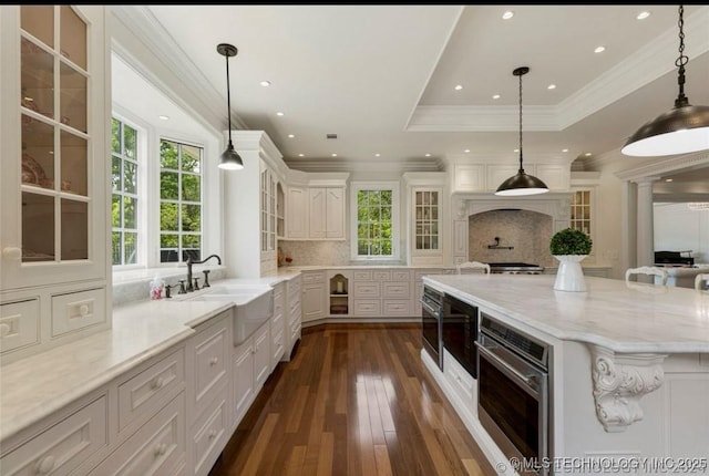 kitchen featuring white cabinets, a sink, dark wood finished floors, decorative backsplash, and glass insert cabinets