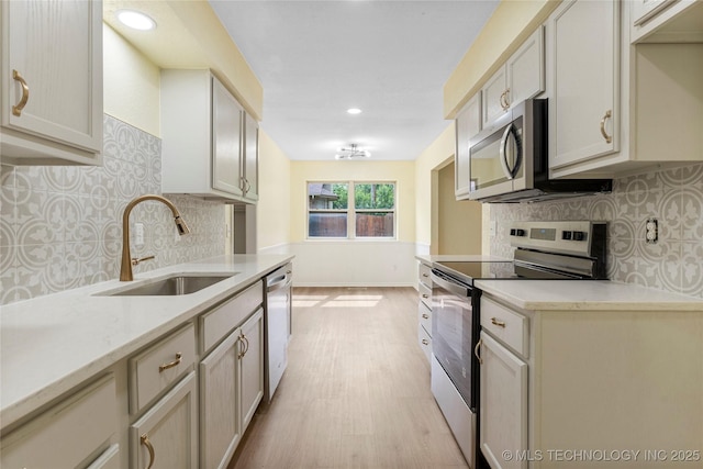 kitchen featuring a sink, appliances with stainless steel finishes, light wood-style floors, and backsplash