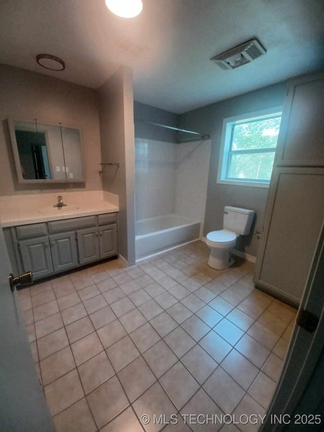 full bath featuring visible vents, vanity, tub / shower combination, toilet, and tile patterned floors