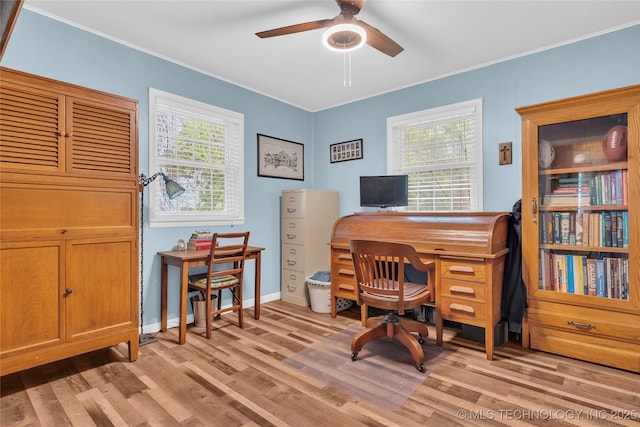 office space with ceiling fan, ornamental molding, a healthy amount of sunlight, and light wood-style floors