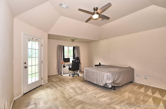 bedroom with baseboards, light carpet, lofted ceiling, and visible vents