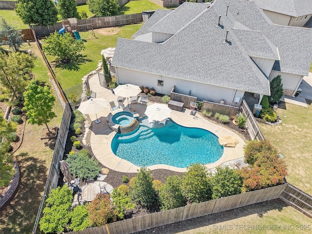 view of swimming pool featuring a fenced backyard, a yard, a playground, and a patio area