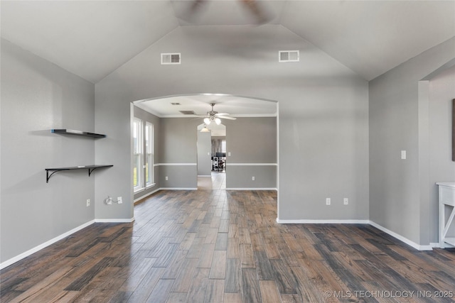 3933 S 199th E Ave, Broken Arrow, OK 74014 - unfurnished living room featuring a ceiling fan, dark wood-style flooring, visible vents, arched walkways, and vaulted ceiling