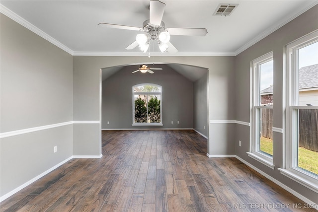 3933 S 199th E Ave, Broken Arrow, OK 74014 - spare room featuring ceiling fan, visible vents, crown molding, baseboards, and dark wood-type flooring