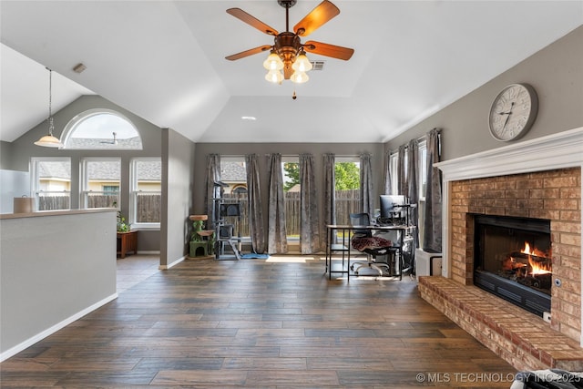 3933 S 199th E Ave, Broken Arrow, OK 74014 - living room featuring ceiling fan, lofted ceiling, a fireplace, and hardwood / wood-style flooring