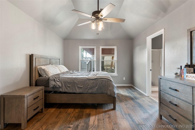 3933 S 199th E Ave, Broken Arrow, OK 74014 - bedroom featuring baseboards, a ceiling fan, vaulted ceiling, and dark wood-style floors