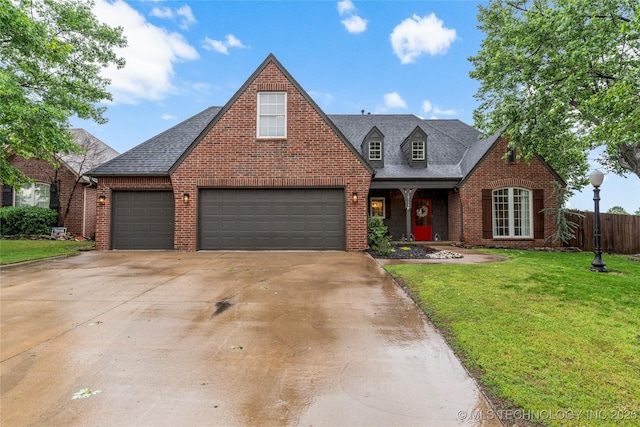 traditional-style home with fence, a shingled roof, a front lawn, brick siding, and driveway