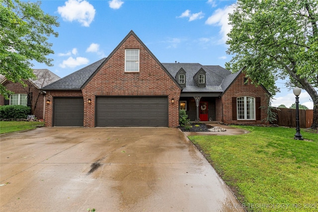 traditional-style home with fence, a front yard, brick siding, concrete driveway, and an attached garage