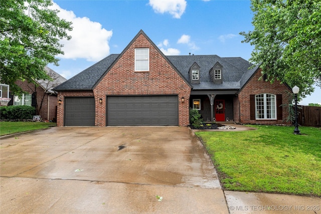 view of front facade with a front lawn, fence, brick siding, a shingled roof, and concrete driveway
