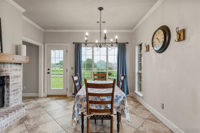 dining space featuring an inviting chandelier, crown molding, light tile patterned floors, and visible vents
