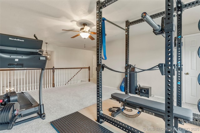 workout area featuring baseboards, ceiling fan, and carpet