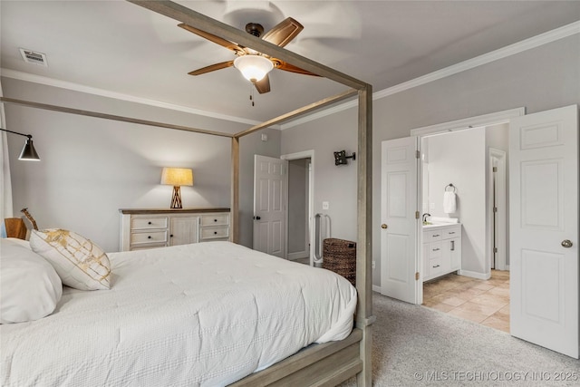 bedroom featuring crown molding, light colored carpet, ceiling fan, and visible vents