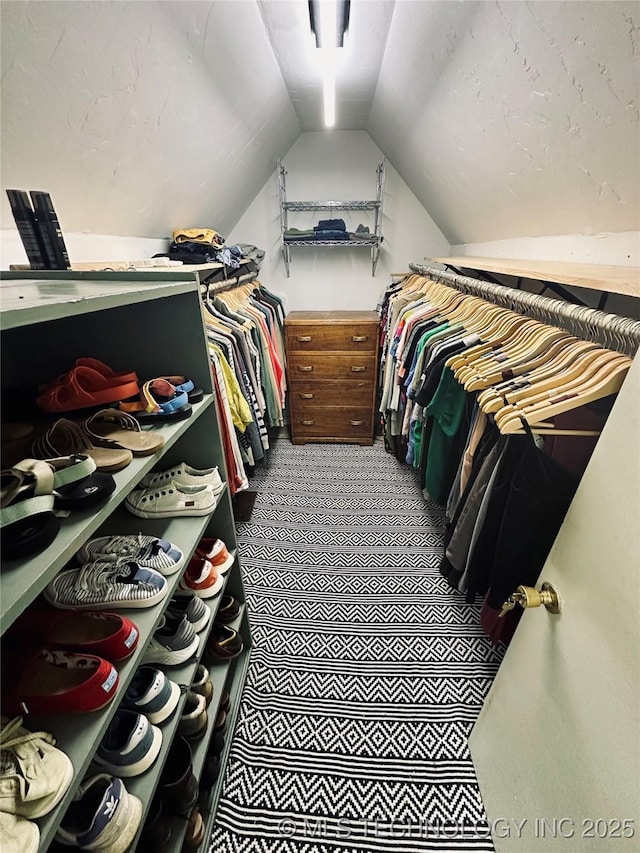 walk in closet featuring carpet and vaulted ceiling