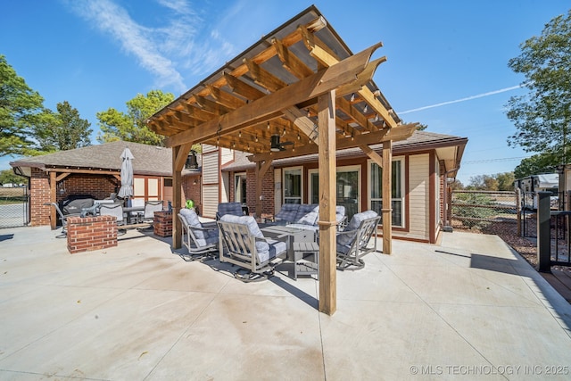 9998 E 460th Rd, Claremore, OK 74017 - view of patio with outdoor lounge area, a pergola, fence, and a gate