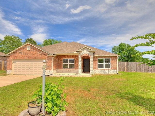 ranch-style home featuring a garage, fence, a front yard, brick siding, and driveway