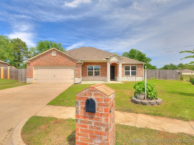 ranch-style house with driveway, brick siding, fence, a garage, and a front yard