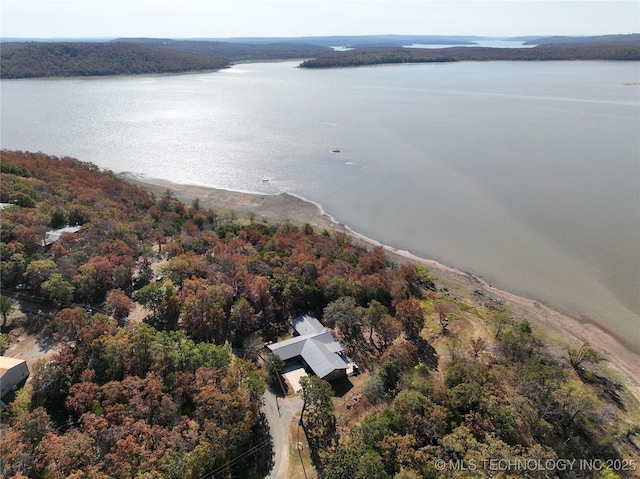 bird's eye view with a water view and a forest view