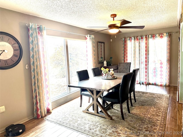 1082 Gaines Creek Loop, Eufaula, OK 74432 - dining room with healthy amount of natural light, wood finished floors, a ceiling fan, a textured ceiling, and baseboards