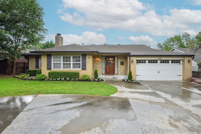 ranch-style home featuring brick siding, a garage, fence, and a chimney