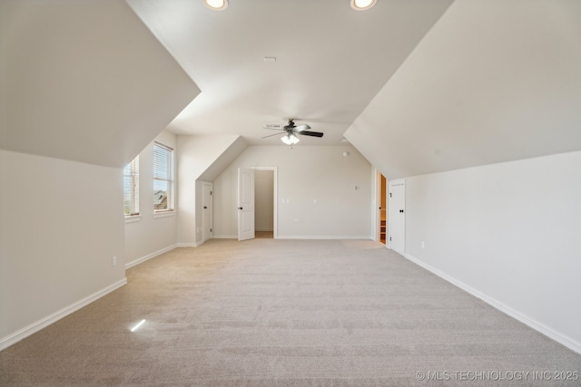 bonus room with recessed lighting, ceiling fan, vaulted ceiling, and light carpet