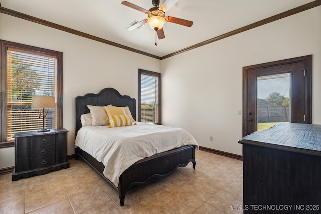 bedroom with ceiling fan, access to exterior, baseboards, ornamental molding, and light tile patterned flooring