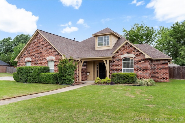 view of front of home featuring brick siding, roof with shingles, fence, and a front yard