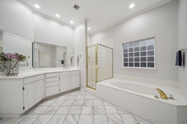 bathroom featuring visible vents, a garden tub, marble finish floor, vanity, and a stall shower