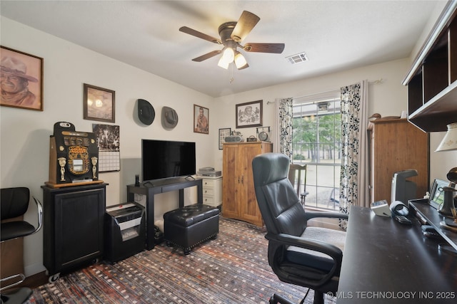 19978 E Murrell Rd, Tahlequah, OK 74464 - office area featuring ceiling fan, visible vents, and dark carpet