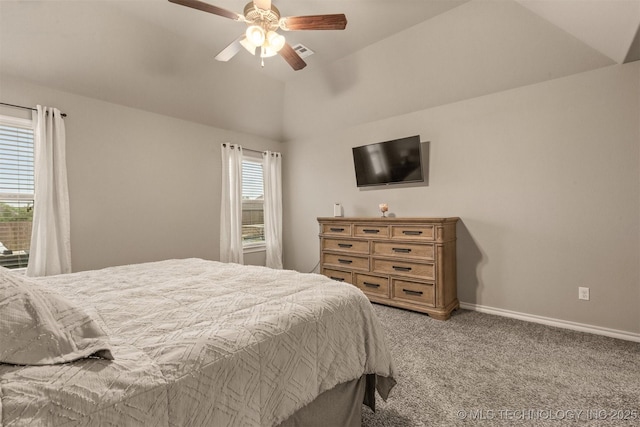 bedroom with a ceiling fan, visible vents, baseboards, lofted ceiling, and carpet flooring