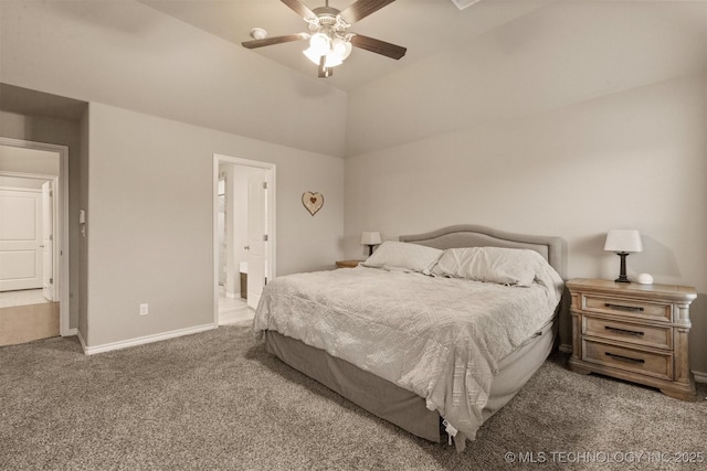 bedroom with carpet flooring, baseboards, ceiling fan, and ensuite bath
