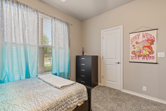 bedroom with baseboards and carpet