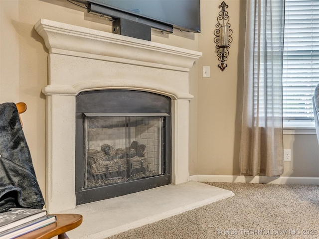 room details with a fireplace with raised hearth and baseboards