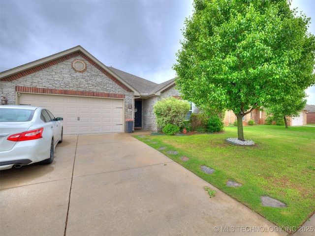 ranch-style house featuring a garage, stone siding, driveway, and a front yard