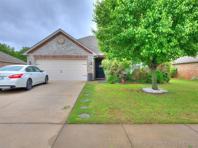 view of front of home with concrete driveway, stone siding, an attached garage, and a front yard