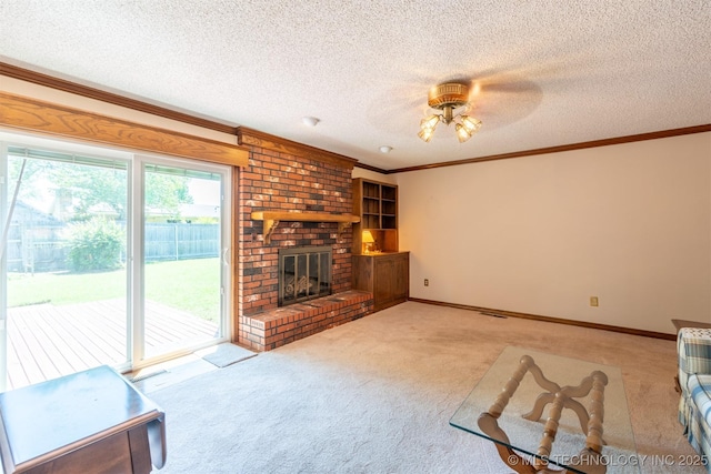 2305 S Hickory Pl, Broken Arrow, OK 74012 - unfurnished living room featuring carpet, ceiling fan, ornamental molding, a textured ceiling, and a fireplace