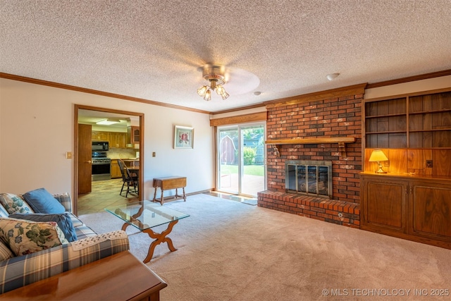 2305 S Hickory Pl, Broken Arrow, OK 74012 - carpeted living room featuring ceiling fan, ornamental molding, a fireplace, and a textured ceiling