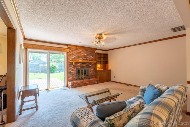 2305 S Hickory Pl, Broken Arrow, OK 74012 - living area featuring carpet, ornamental molding, a textured ceiling, a ceiling fan, and a brick fireplace