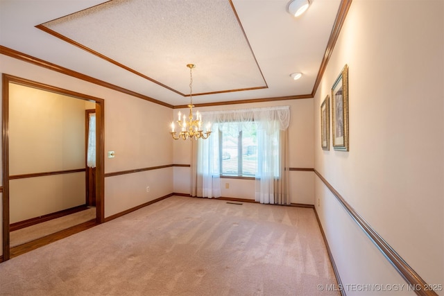 2305 S Hickory Pl, Broken Arrow, OK 74012 - unfurnished room featuring a chandelier, ornamental molding, a raised ceiling, light carpet, and baseboards