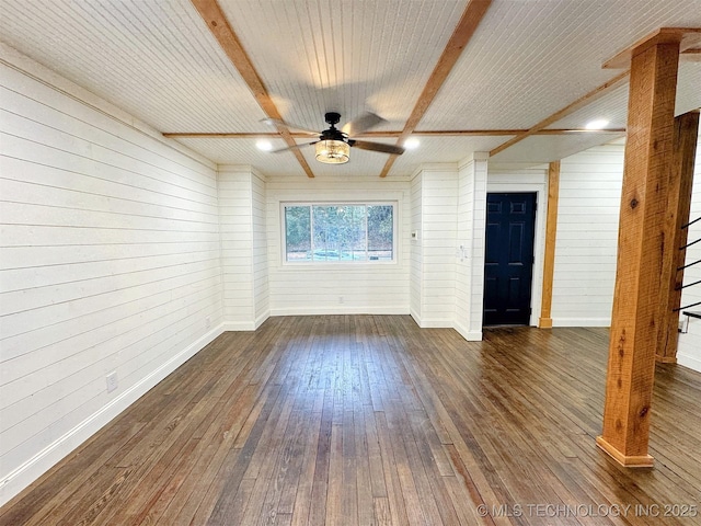 unfurnished living room featuring ceiling fan, beam ceiling, baseboards, wooden walls, and dark wood-type flooring