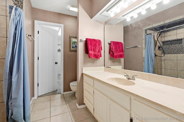 full bath featuring vanity, tile patterned floors, toilet, and curtained shower