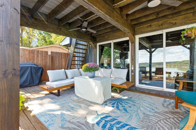 24591 S 613th Rd, Grove, OK 74344 - view of patio with fence, stairs, ceiling fan, an outdoor living space, and a grill