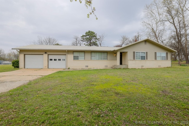 ranch-style home with brick siding, driveway, a front lawn, and a garage