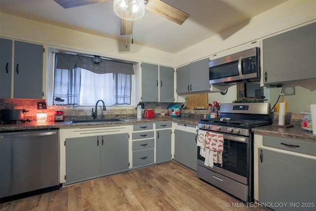 kitchen featuring a sink, dark countertops, backsplash, and stainless steel appliances